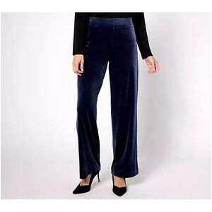 Susan Graver Pull-On Pants Womens Size M Navy Blue Regular Knit Velvet Wide Leg
